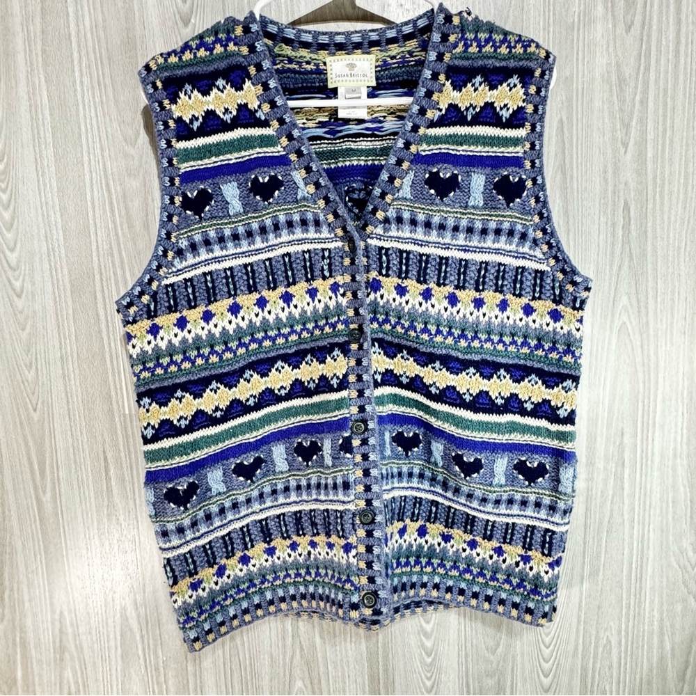 Vintage Hand Knit Susan Bristol Sweater Vest Striped Fair Isle Heart Grandma Med